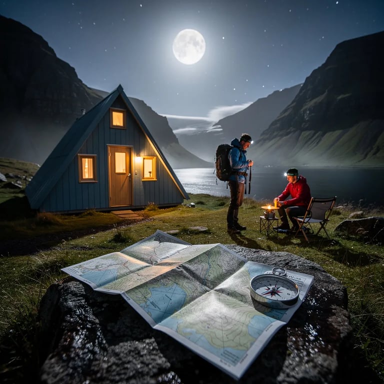 Under a bright full moon, a cool blue fjord and tall mountains surround a quiet grassy campsite. A sky-blue A-frame cabin glows warm like a lantern in the night. Two hikers stand by their small camp, while a map and compass rest on a rock, ready for the next trek.