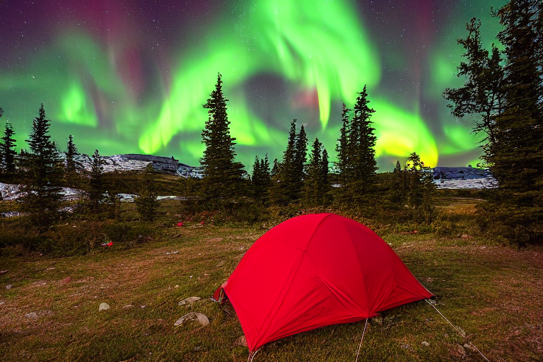 A red and white tent rests on a quiet dirt campsite beneath glowing green northern lights. Ferns, a large rock, and a hammock tied between trees add charm, while rain falls under the distant moon.