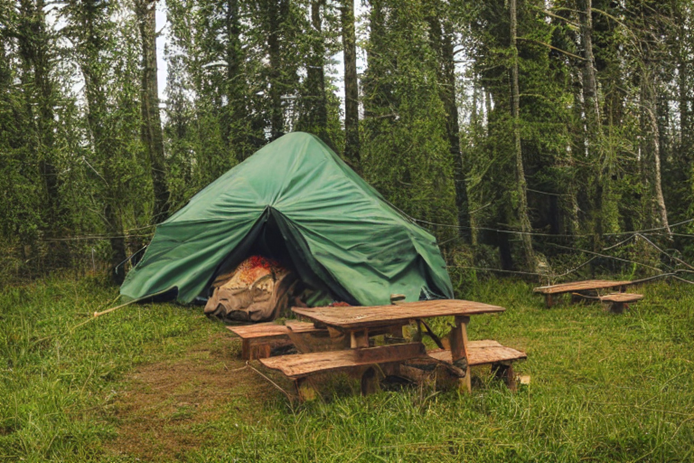 A green and tan tent rests on a dirt patch in a quiet forest. Tall grass, wildflowers, and a picnic table surround the camp, while clothes sway on a nearby line. Above, the stormy night sky glows with colorful northern lights.