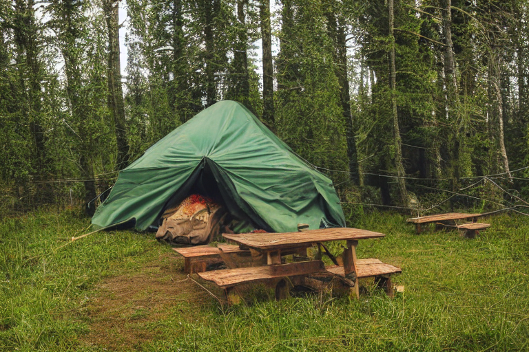 A green and tan tent rests on a dirt patch in a quiet forest. Tall grass, wildflowers, and a picnic table surround the camp, while clothes sway on a nearby line. Above, the stormy night sky glows with colorful northern lights.