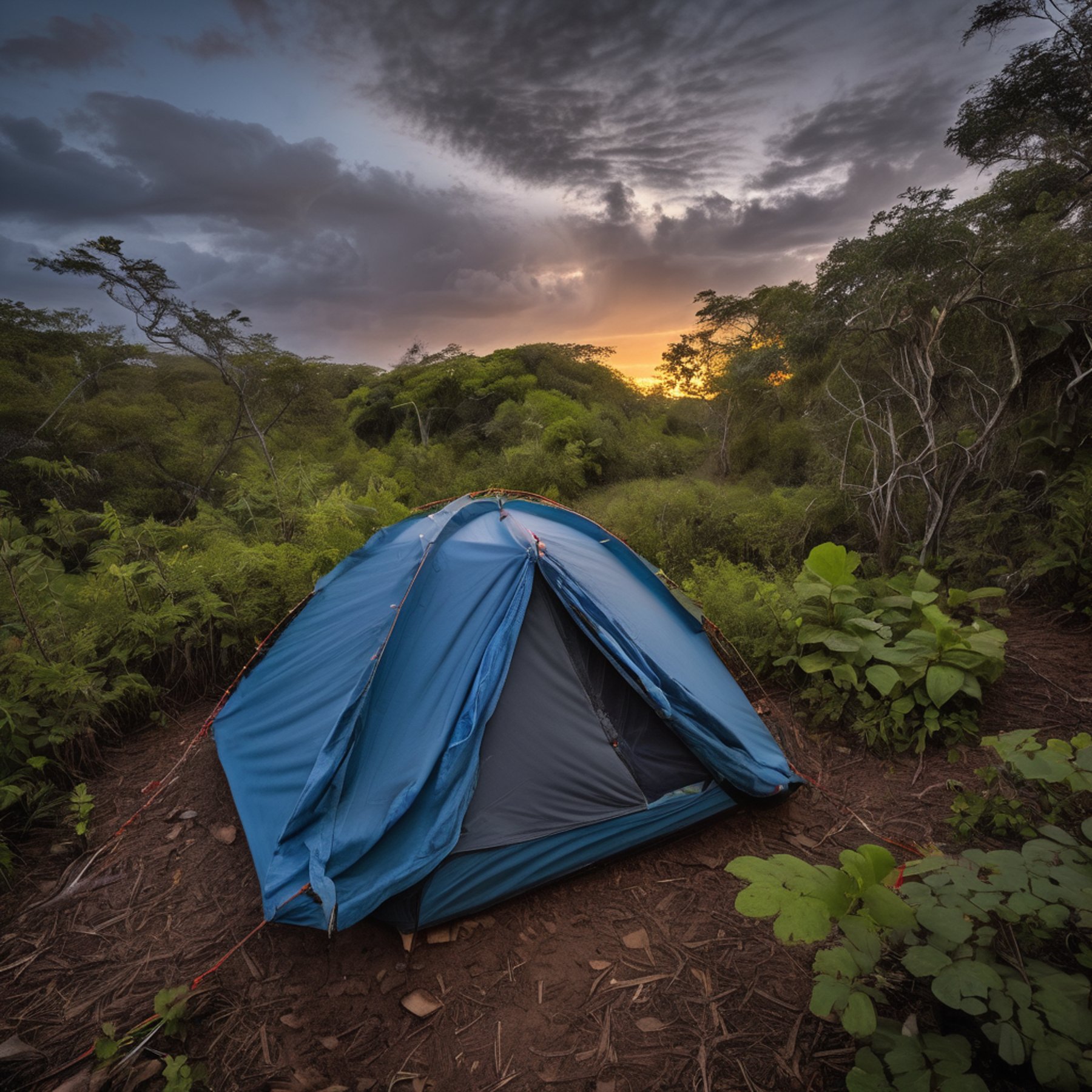 A blue and gray tent rests beside a dirt path in a lush park. Ferns, berry bushes, and clothes hanging on a line make the campsite feel cozy and wild. Soft sunrise light shines through the cool, stormy air.