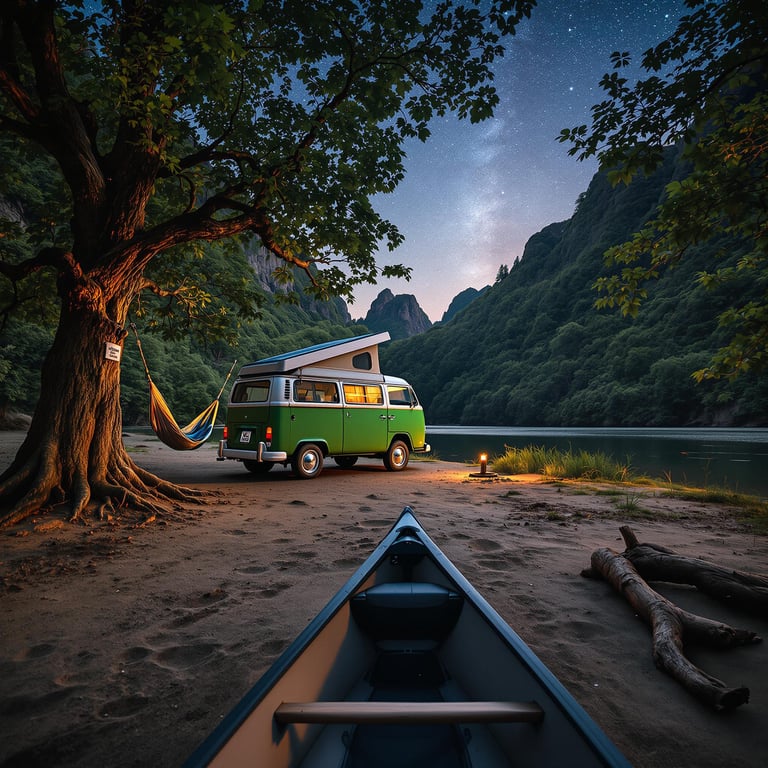 Under a canopy of twinkling stars, this cozy campsite by the lake has a vintage camper van parked beside a giant tree. A colorful hammock swings gently in the breeze, inviting you to relax and enjoy the peaceful sounds of nature. Nearby, a calm canoe rests on the sandy shore, ready for an adventure on the sparkling water.