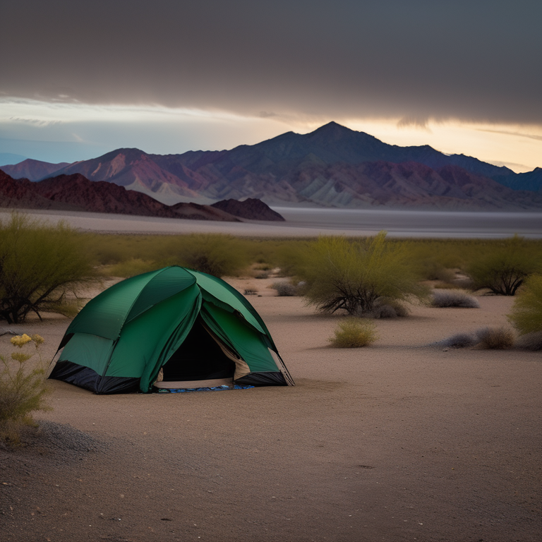 A green tent rests beside a warm campfire on a rainy night in Death Valley. Large bushes surround the dirt campsite, while a deer stands far away beneath the dark mountain peaks.