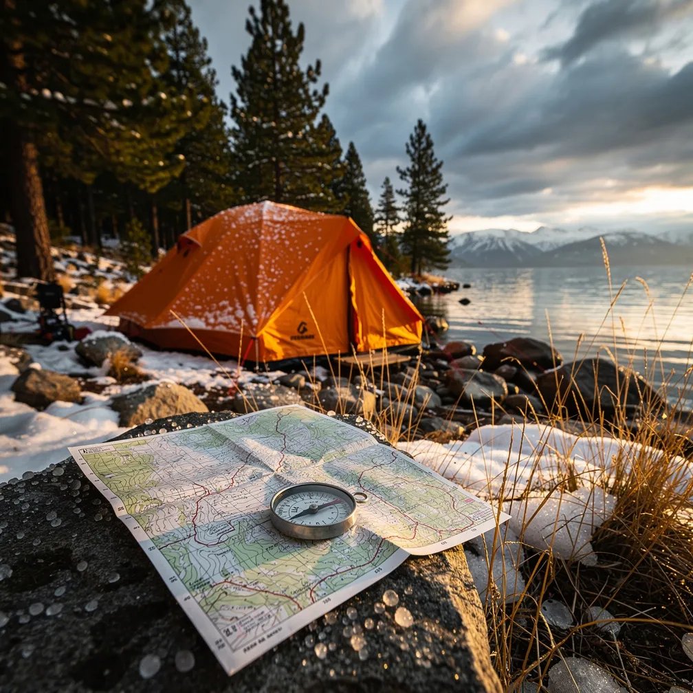 A bright orange tent sits by a cold lakeshore, surrounded by tall pine trees and snowy rocks. Golden sunlight breaks through storm clouds, making the camp glow while the shadows stay cool and blue. A folded map and a metal compass rest on a rock, ready for an adventure, with distant mountains fading into the mist.