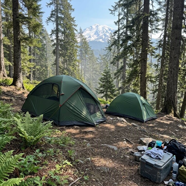 Two green tents sit on a quiet, fern-covered slope beneath tall trees. Sunlight slips through the branches, casting soft patches of shade over the peaceful campsite. A box of camping gear rests nearby.