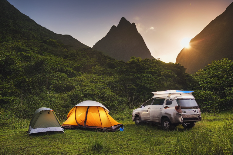 A cozy campsite rests beneath tall trees in Soufrière, St. Lucia. A Subaru with a rooftop tent sits near a warm campfire, with hikers enjoying the peaceful sunset. Green mountains rise in the distance under a bright sky.