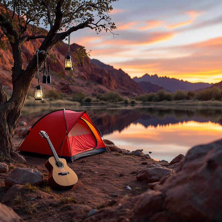 A cozy red tent sits by a shimmering lake, surrounded by towering red rocks and a glowing sunset sky. A guitar rests on the ground, ready for campfire songs. Lanterns hang from a nearby tree, casting a warm, welcoming light.