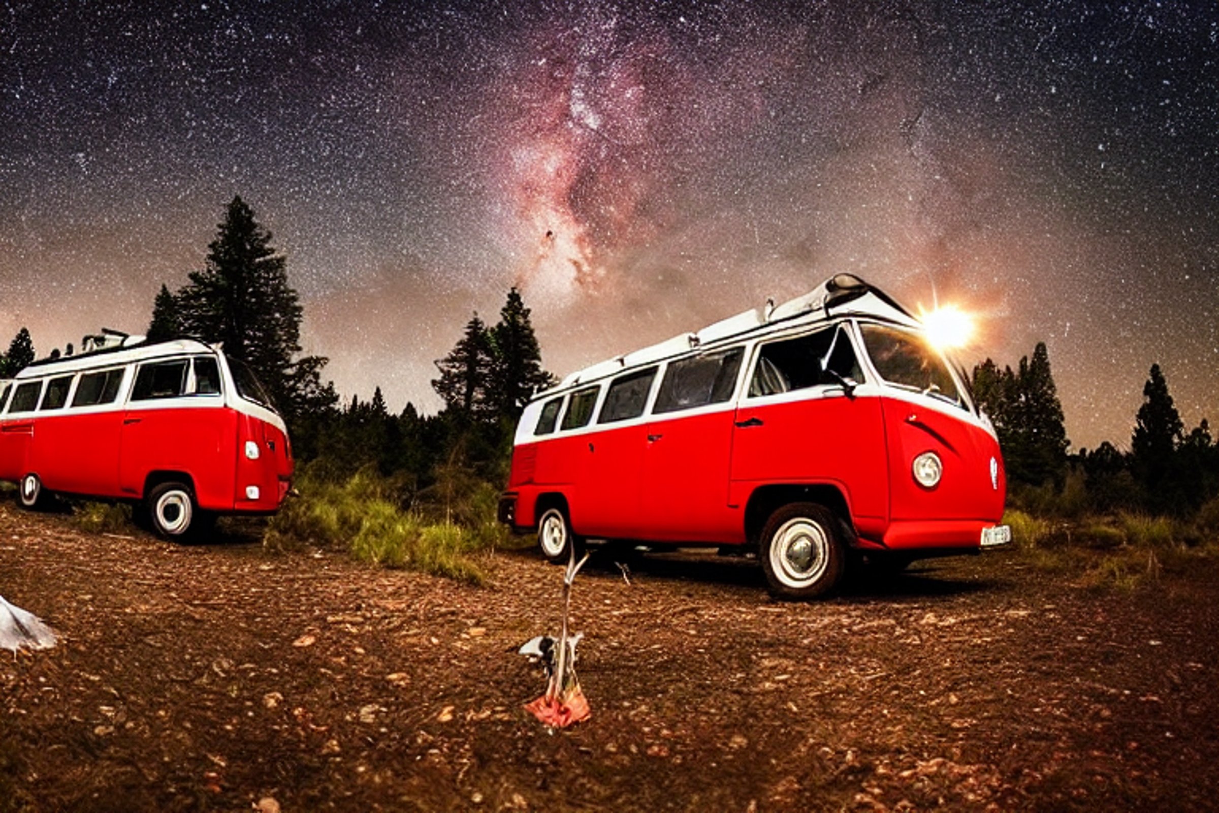 A red campervan rests beside a warm campfire under a sky full of stars. Rocky ground and large desert cliffs surround the quiet campsite, with the moon glowing in the distance.