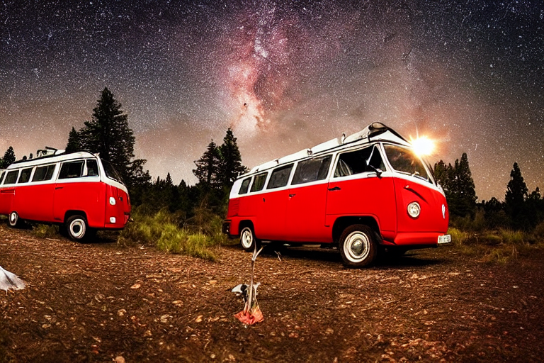 A red campervan rests beside a warm campfire under a sky full of stars. Rocky ground and large desert cliffs surround the quiet campsite, with the moon glowing in the distance.