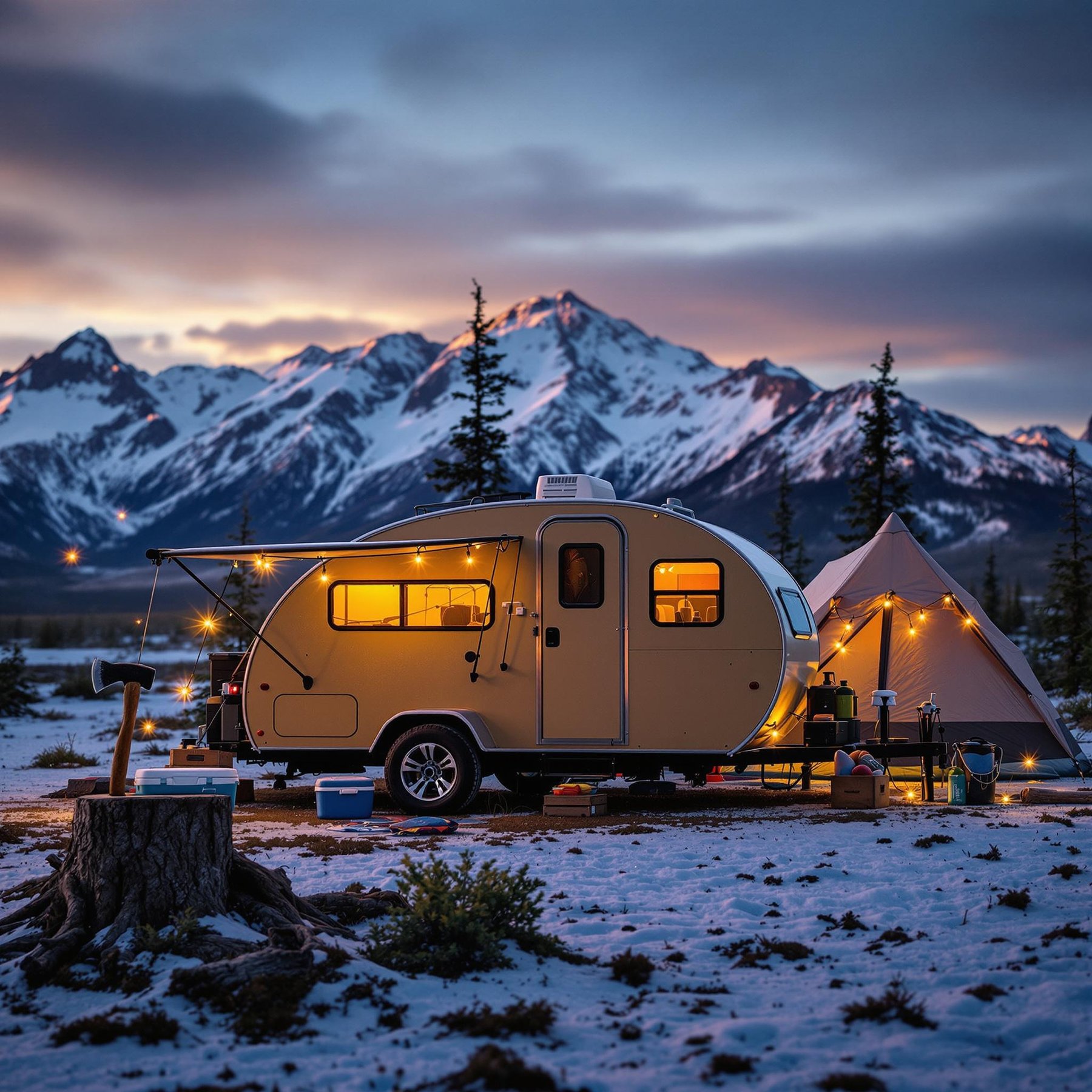 A cozy campsite sits under twinkling lights with snowy mountains standing tall in the background. The little trailer and tent glow warmly in the evening light. It’s a magical spot where adventure meets the beauty of nature.
