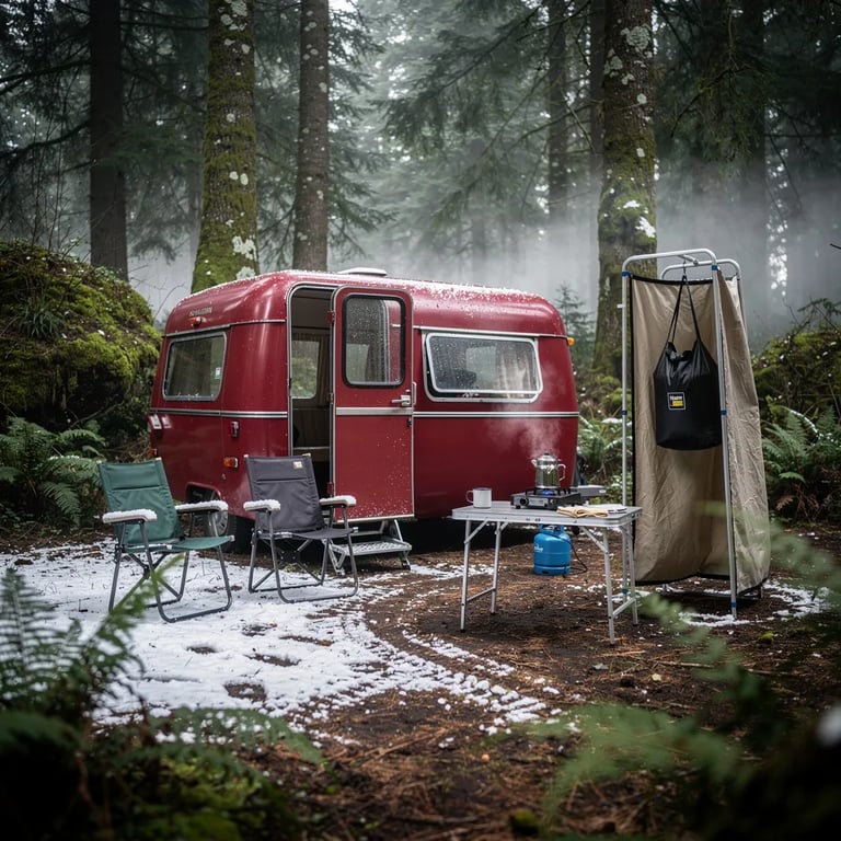 A rust-red vintage caravan sits in a quiet clearing deep in an evergreen forest. The ground is wet and dusted with fresh snow, and a soft fog hangs between the trees. Two camp chairs wait by the door, and a little stove makes coffee while a small shower screen stands nearby.
