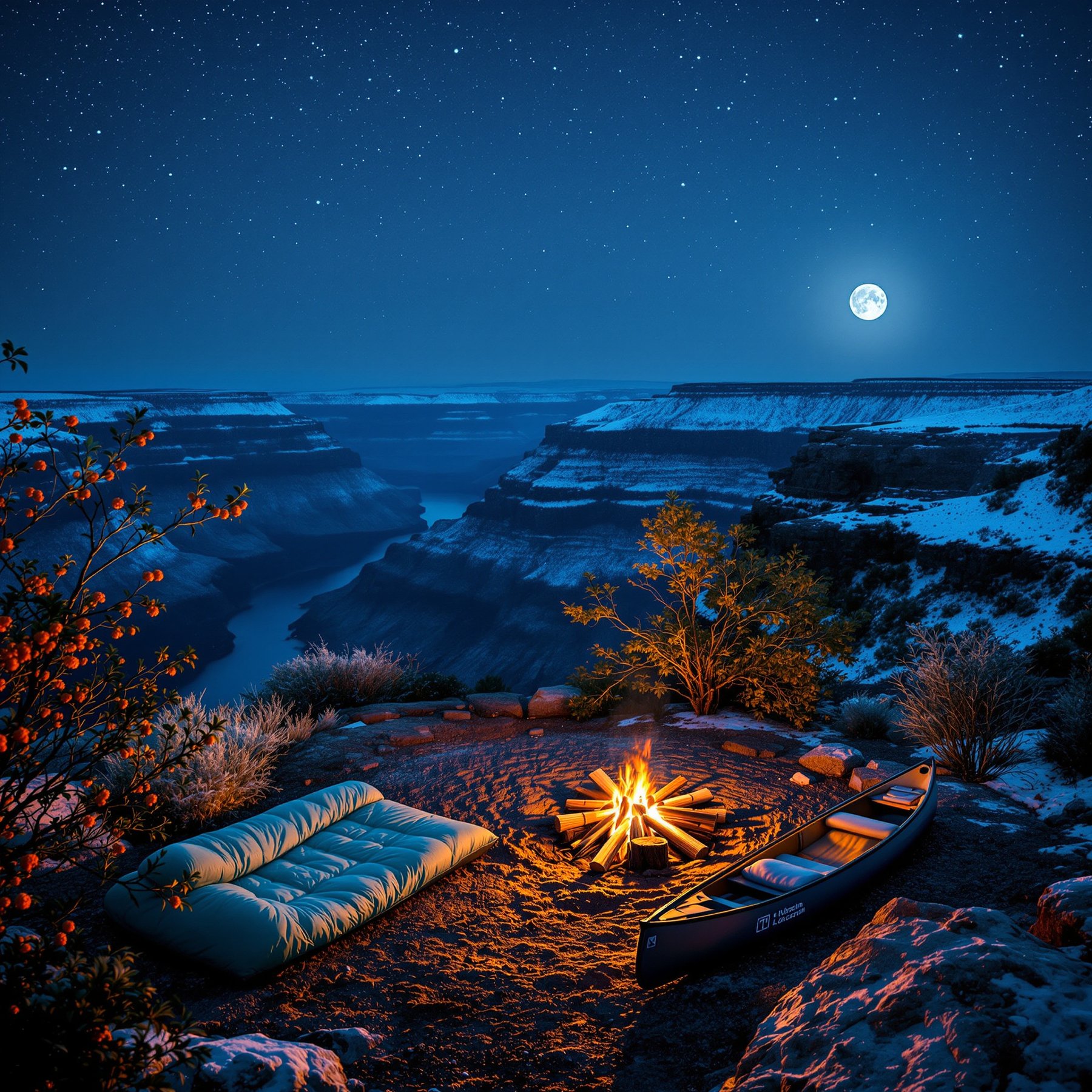 Nestled on a cliffside, this cozy campsite glows under the bright moon and a sky full of stars. A warm campfire crackles beside a soft sleeping mat and a canoe rests nearby. The peaceful canyon views make it the perfect place for a magical night outdoors.