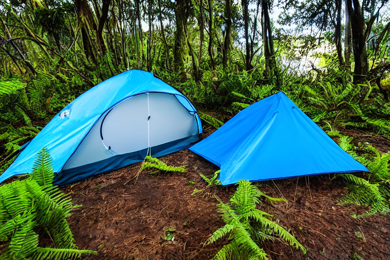 Three blue tents sit in a lush Hawaiian campsite as the sun rises. A hiking path winds through tall grass and ferns, with camping gear and a car nearby.