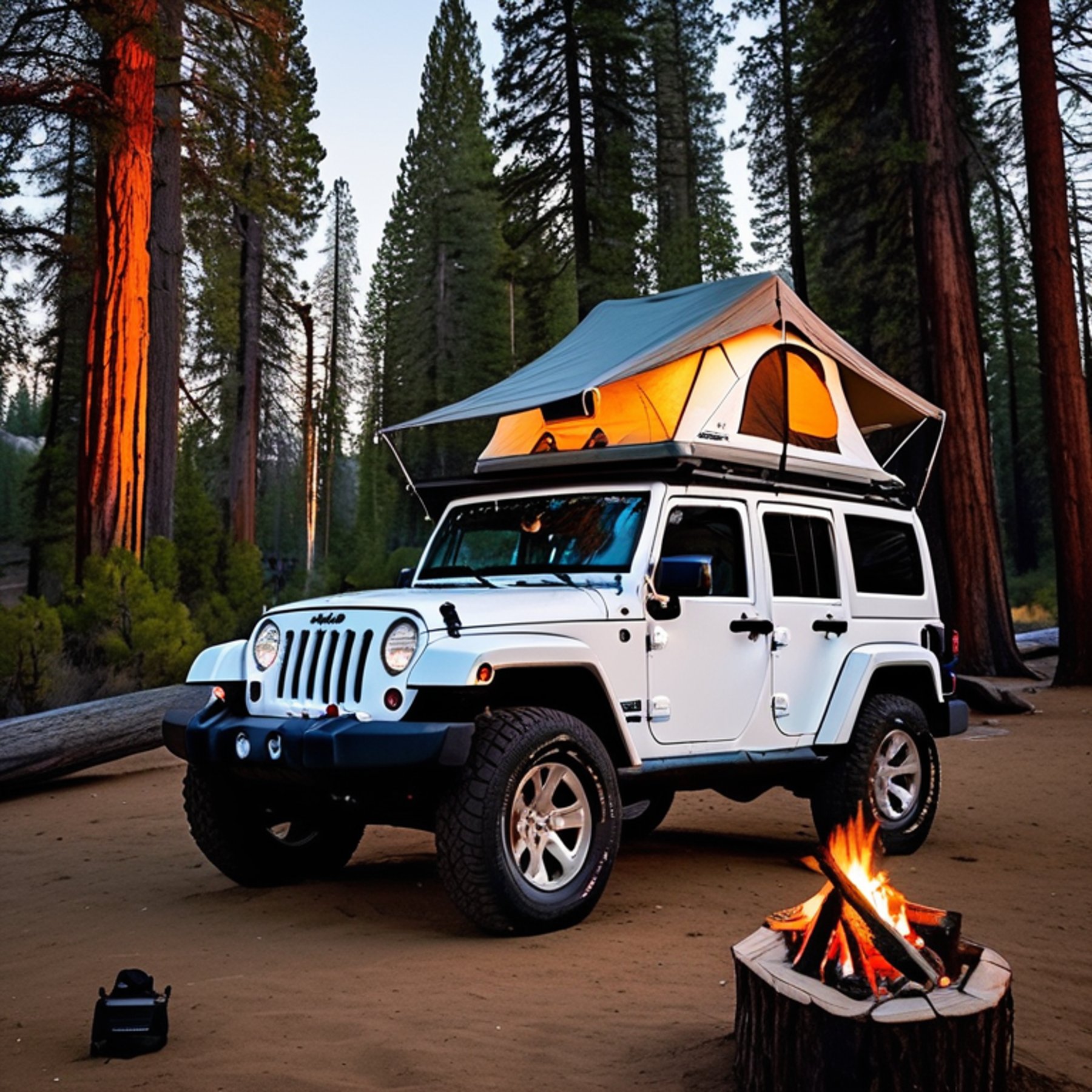A white Jeep with a rooftop tent rests in a quiet Yosemite campsite beneath tall trees. A warm campfire glows in the center, with logs and a backpack nearby. Clear stars shine above the grassy forest floor.