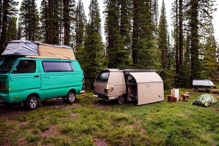 Two tan vans rest at a rainy campsite beneath glowing green northern lights. Ferns, rolling hills, and a clothesline with drying clothes make the scene feel cozy and wild.