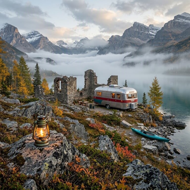 A colorful vintage caravan rests beside old stone ruins near the calm lake. Golden autumn trees and a kayak add charm to the rocky campsite, while soft mountain fog fills the valley below. A warm lantern glow makes the peaceful scene feel cozy.