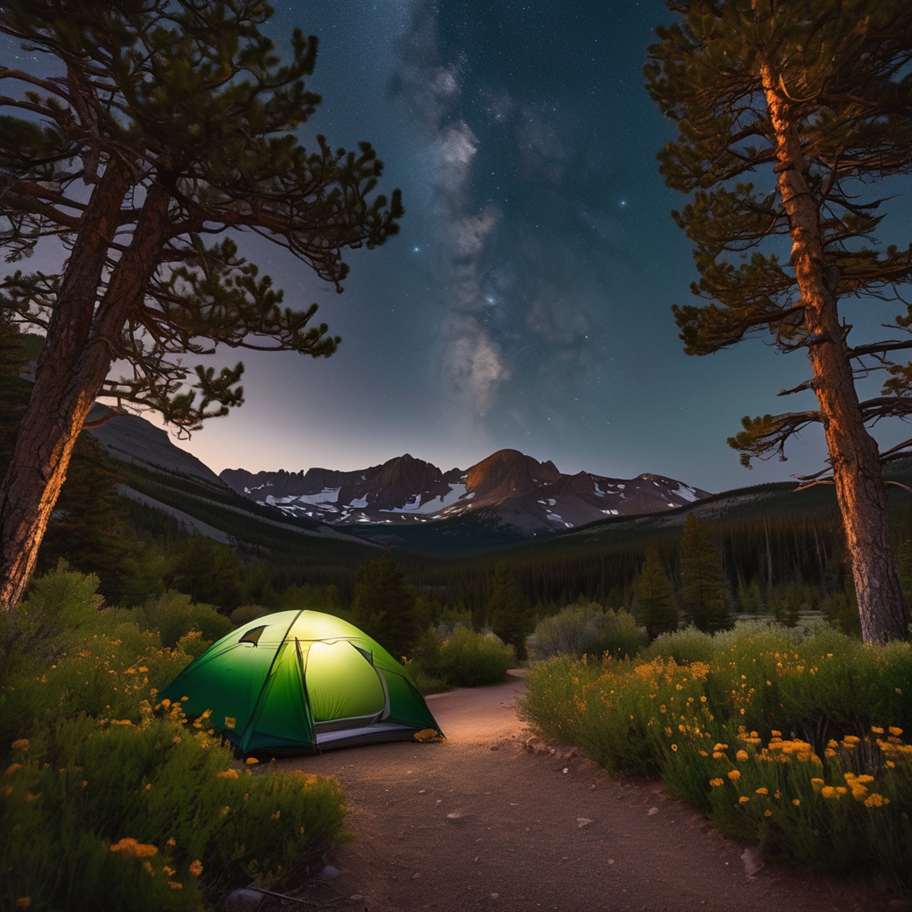 A green tent rests beside a dirt trail in Rocky Mountain National Park. Wildflowers and thick bushes surround the rocky campsite, while a soft moon glows through the cloudy evening sky.