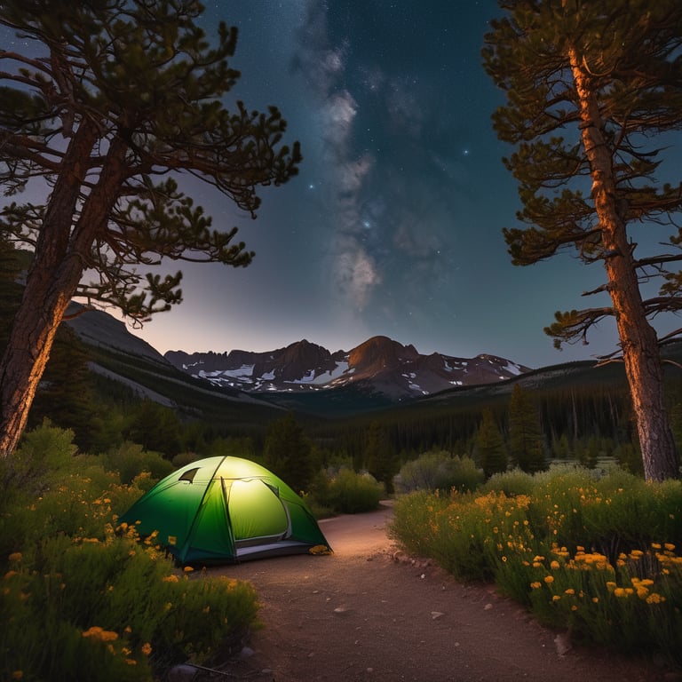 A green tent rests beside a dirt trail in Rocky Mountain National Park. Wildflowers and thick bushes surround the rocky campsite, while a soft moon glows through the cloudy evening sky.