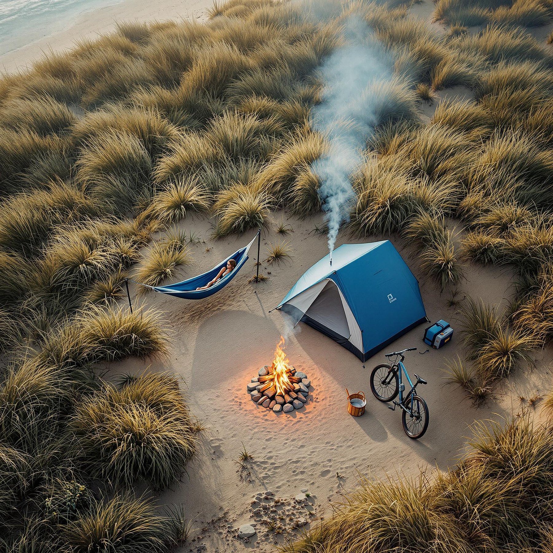 A blue-gray hammock rests among tall grass on a quiet coastal dune. A dirt path winds past a parked bicycle, while soft campfire smoke drifts into the hazy sky.