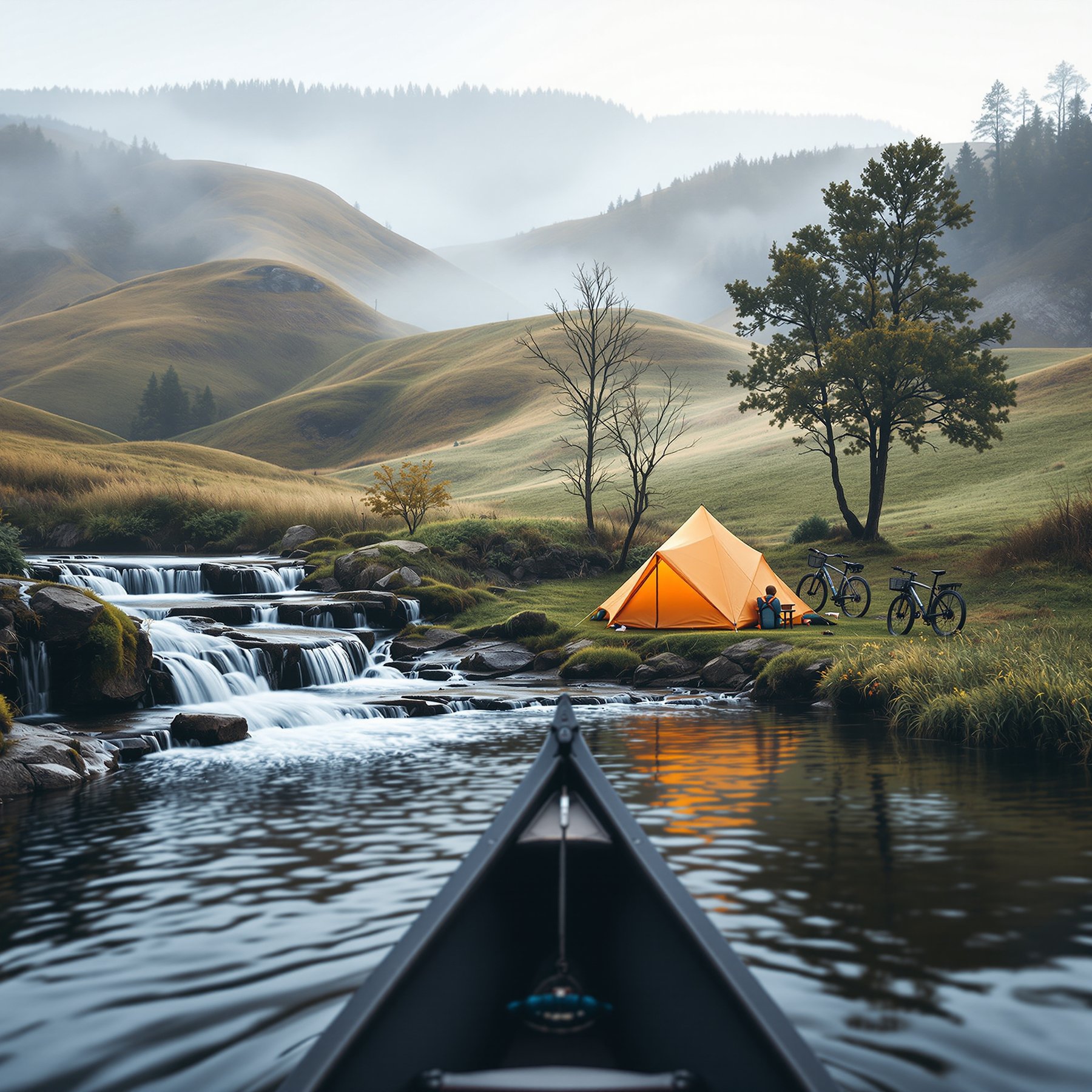 A bright orange tent sits beside a bubbling waterfall, surrounded by green hills and misty trees. Two bikes rest nearby, ready for adventure. The calm water is perfect for a quiet canoe ride.