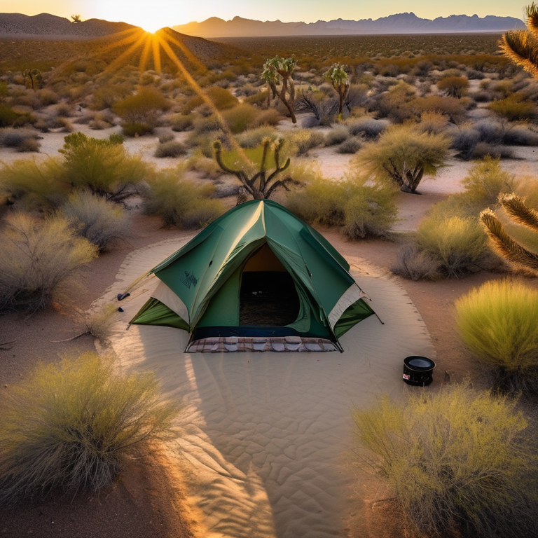 A green tent rests in a sunny campsite surrounded by tall grass, bushes, and small trees. A warm campfire glows beside the dirt clearing as the sun sets over Joshua Tree National Park.