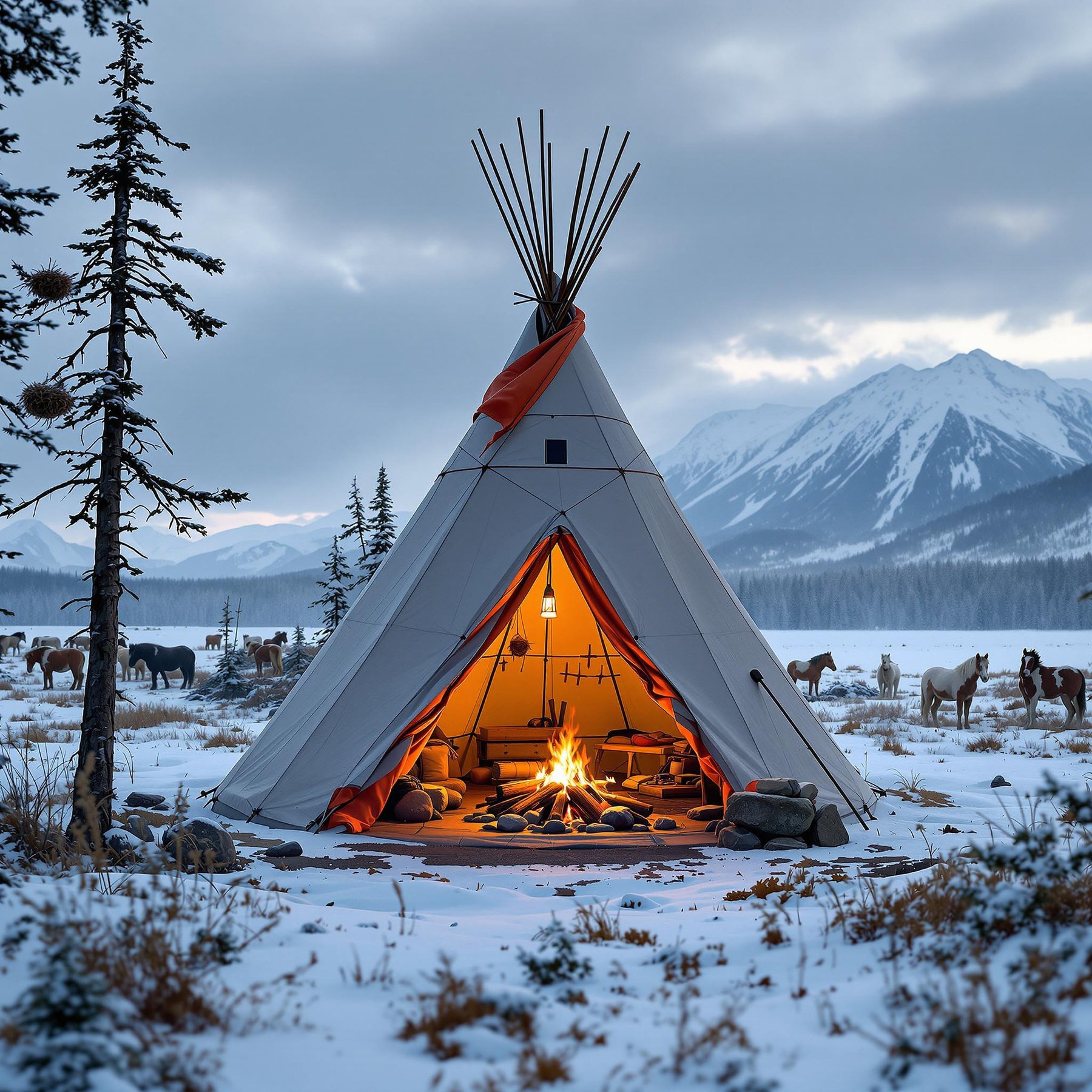 A gray and orange teepee rests on a snowy shore in Denali National Park. A warm campfire glows among the stones, while a lantern shines from a nearby tree. Wild horses graze in the distance beneath the cloudy sky.