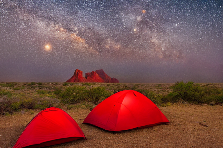 A bright red tent rests beside a warm campfire in the rugged desert of Big Bend National Park. Morning fog softens the sunrise as birds fly overhead, with gravel, a dirt clearing, and a berry-covered bush nearby.