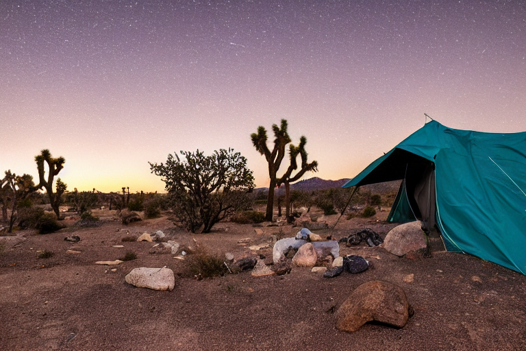A teal tent rests on a paved campsite in Joshua Tree as dusk settles in. Large bushes and scattered stones surround the dirt clearing, while hikers pass nearby. Dark storm clouds fill the wide sky, creating a wild, peaceful mood.