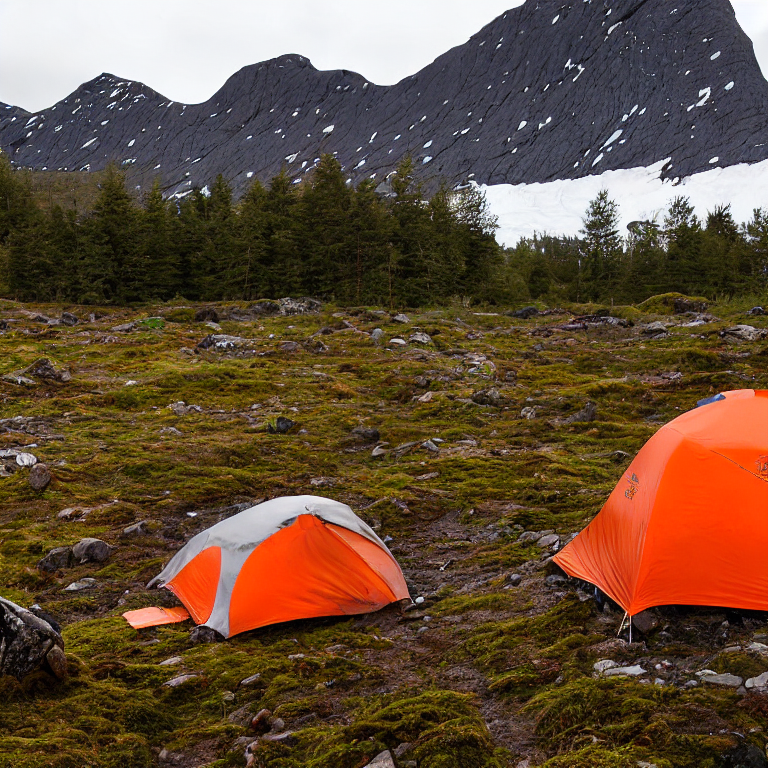 A gray and orange tent rests on a snowy dirt campsite beneath mossy trees. In the distance, dark mountains rise under the night sky, while a picnic table and surfers add a fun, unusual touch.