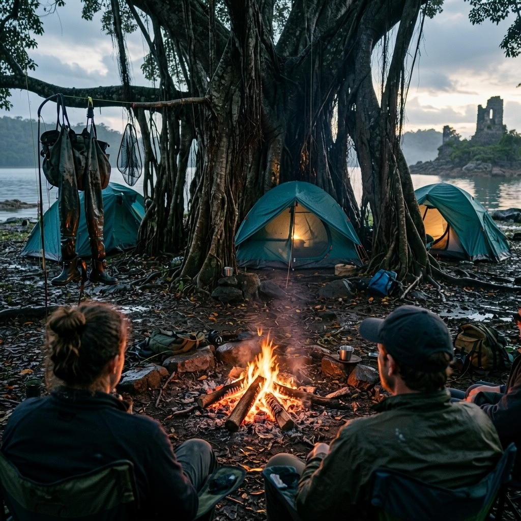 From behind two campers, a fire burns beneath a huge banyan tree.
Teal tents sit among its roots, and fishing waders hang above the rocky shore.