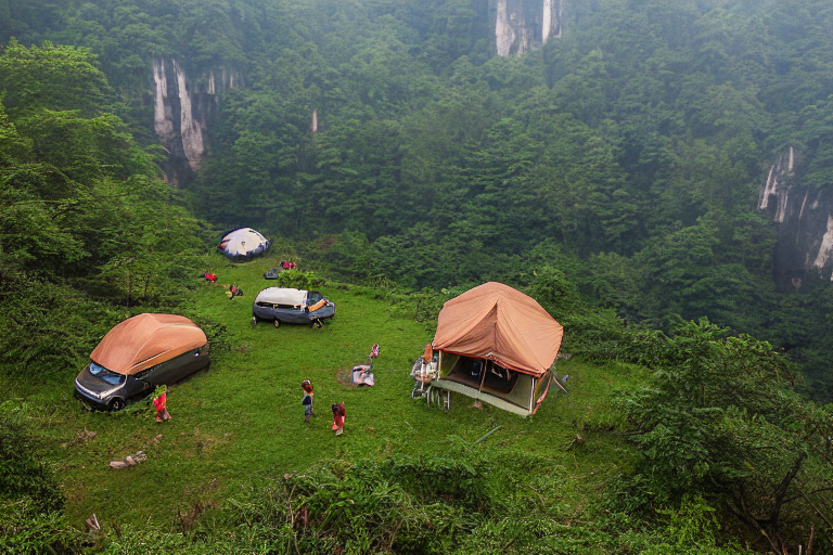 A brown campervan rests beside a warm campfire on a rocky dirt clearing. Tall cliffs and rolling green hills rise around the campsite under a cloudy sky, while hikers explore nearby.