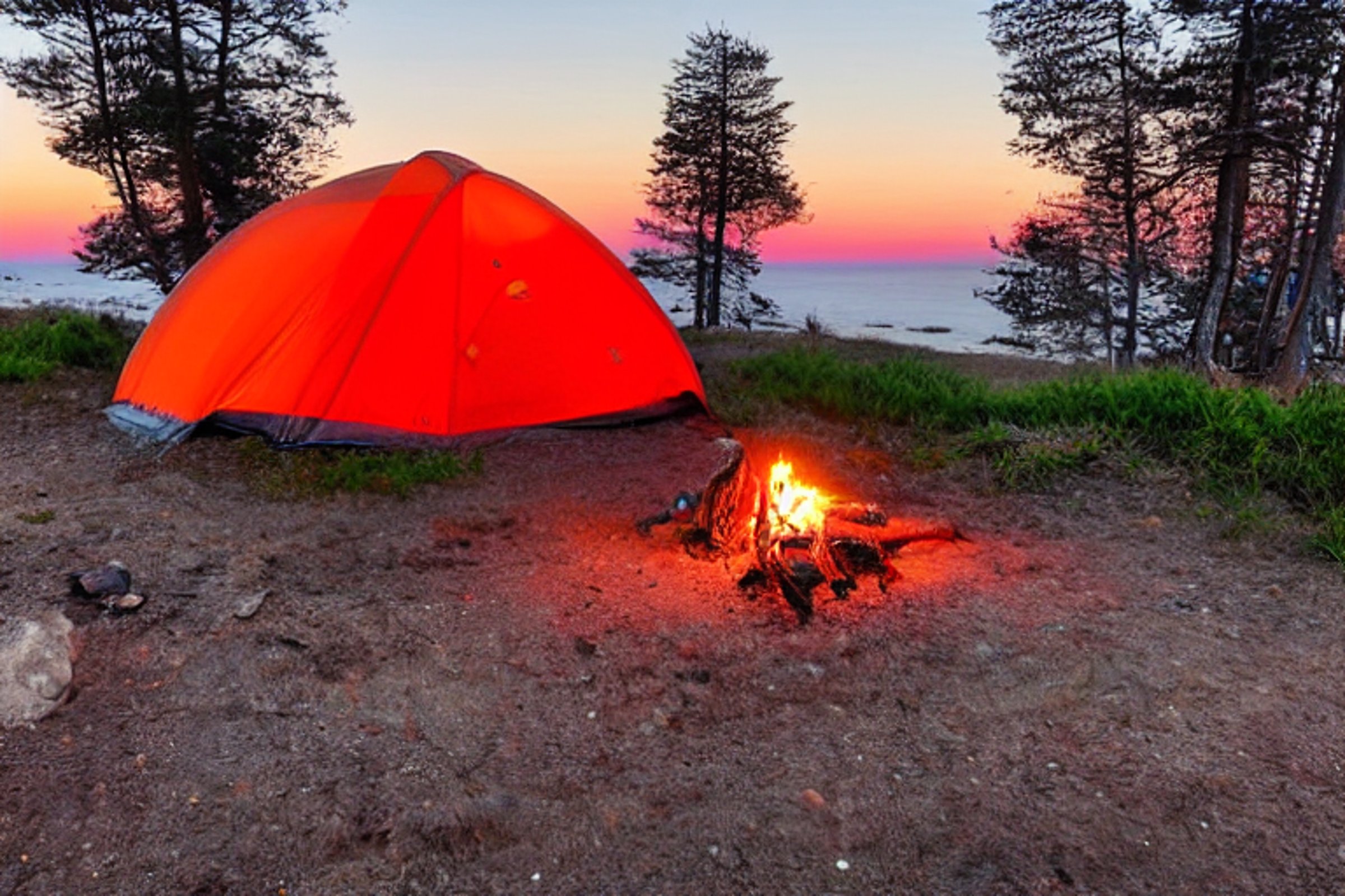 A red and white tent rests on a quiet dirt clearing along the California coast. A warm campfire glows beside camping chairs, with bushes and stones all around. Soft clouds drift past the rising moon as the sun sets.