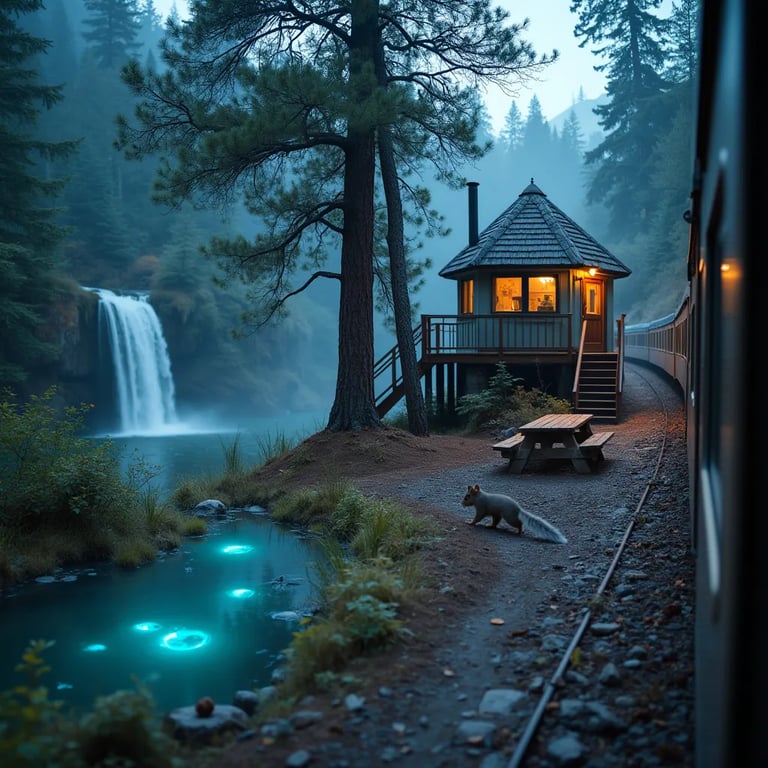 A gray-blue treehouse rests beside a rushing waterfall in a quiet pine forest. A picnic table sits on the dirt, while a squirrel darts past scattered pine cones. Nearby, glowing algae light up a small pond under the cloudy sky.
