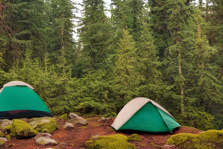 A green two-person tent sits on a dirt patch at a peaceful paved campsite. Mossy trees and large boulders surround it, while a mountain rises in the distance. Golden light and stormy clouds create a cozy, wild atmosphere, with a small flashlight glowing inside the tent.