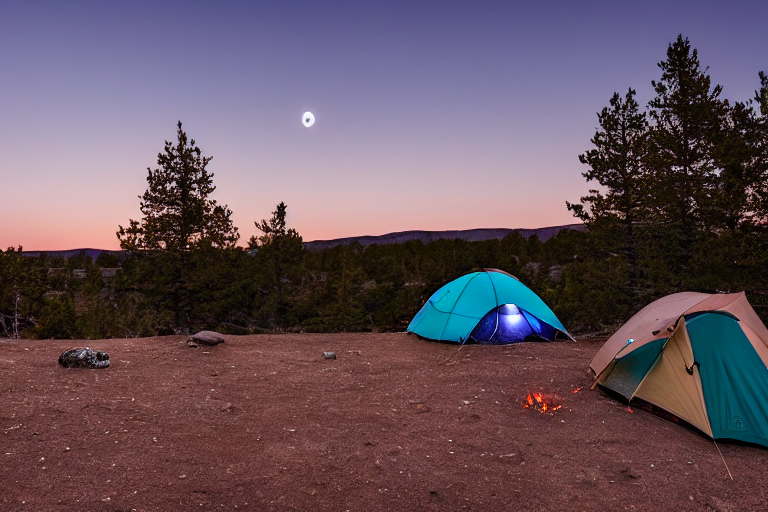 A teal tent rests beside a warm campfire on a sandy patch at dusk. Tall dunes, cloudy skies, and a distant moon create a quiet desert scene, while a person’s flashlight glows far away. Small berry bushes and scattered stones add detail around the camp.