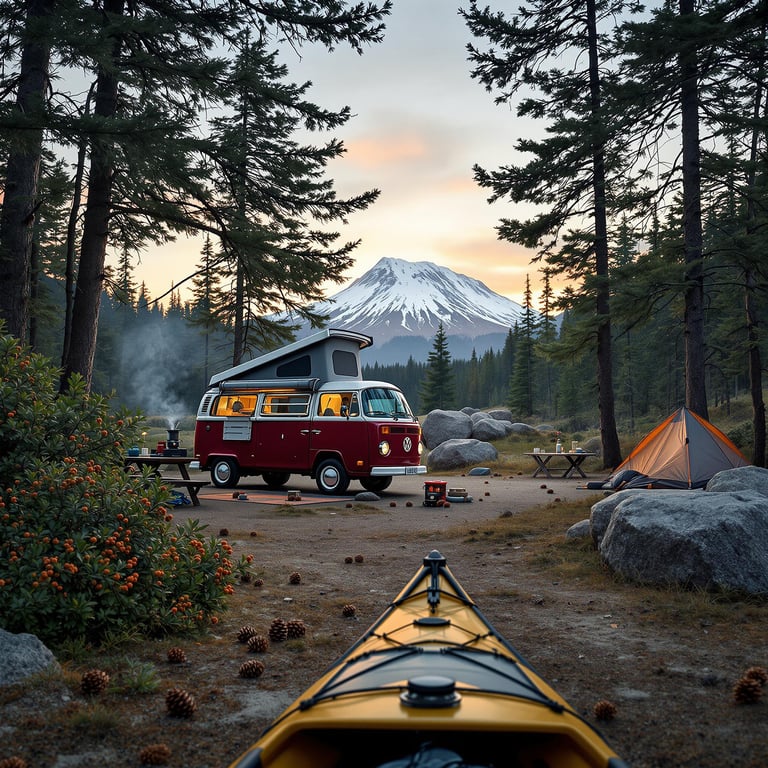 A burgundy campervan rests in a quiet pine grove beside the water. A picnic table holds a small camping stove, while pine cones, berries, and boulders dot the ground. In the soft sunset light, a snowy mountain rises in the distance.