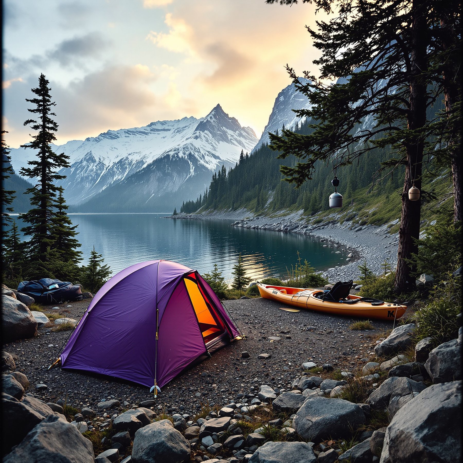 Camp by a clear, peaceful lake surrounded by tall pine trees and snowy mountains. A bright tent and a kayak wait for adventure right by the water. Enjoy the quiet and fresh air in this beautiful wild place.
