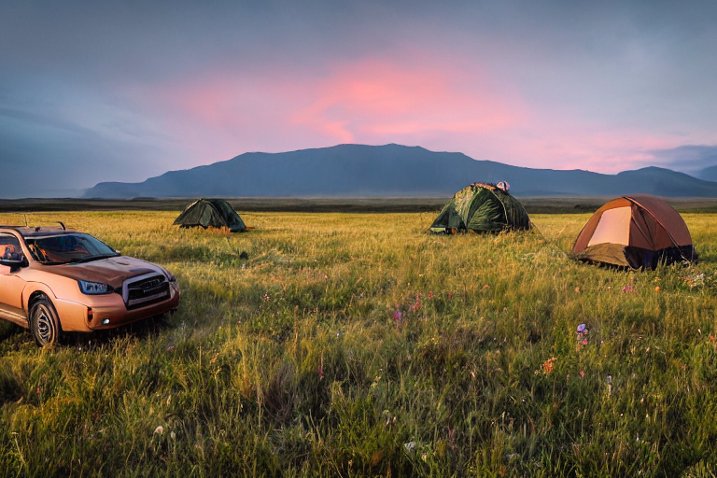 Two brown Subarus rest in a grassy Idaho campsite beneath a cloudy sunrise. Ferns, wildflowers, and tall grass surround the camp, with chairs and a guitar resting nearby. Rooftop tents make the peaceful spot ready for adventure.