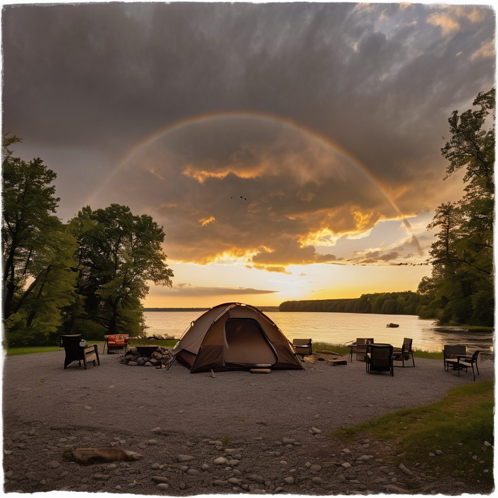 A cozy brown tent sits near Niagara Falls as the sunrise glows over the mist. A campfire warms the chairs, with marshmallows roasting nearby, while a canoe rests by the stony shore. A bird flies above the peaceful campsite.
