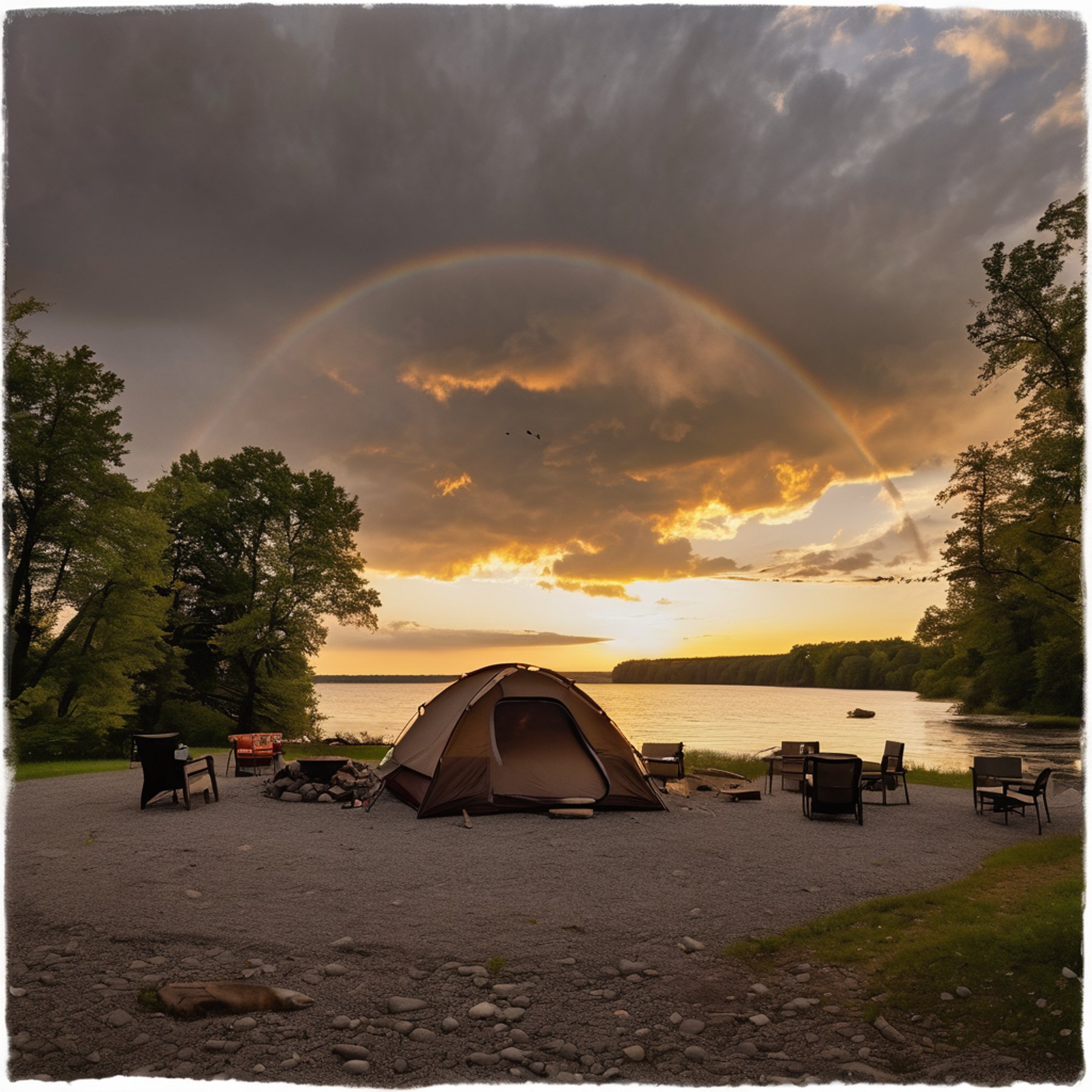 A cozy brown tent sits near Niagara Falls as the sunrise glows over the mist. A campfire warms the chairs, with marshmallows roasting nearby, while a canoe rests by the stony shore. A bird flies above the peaceful campsite.