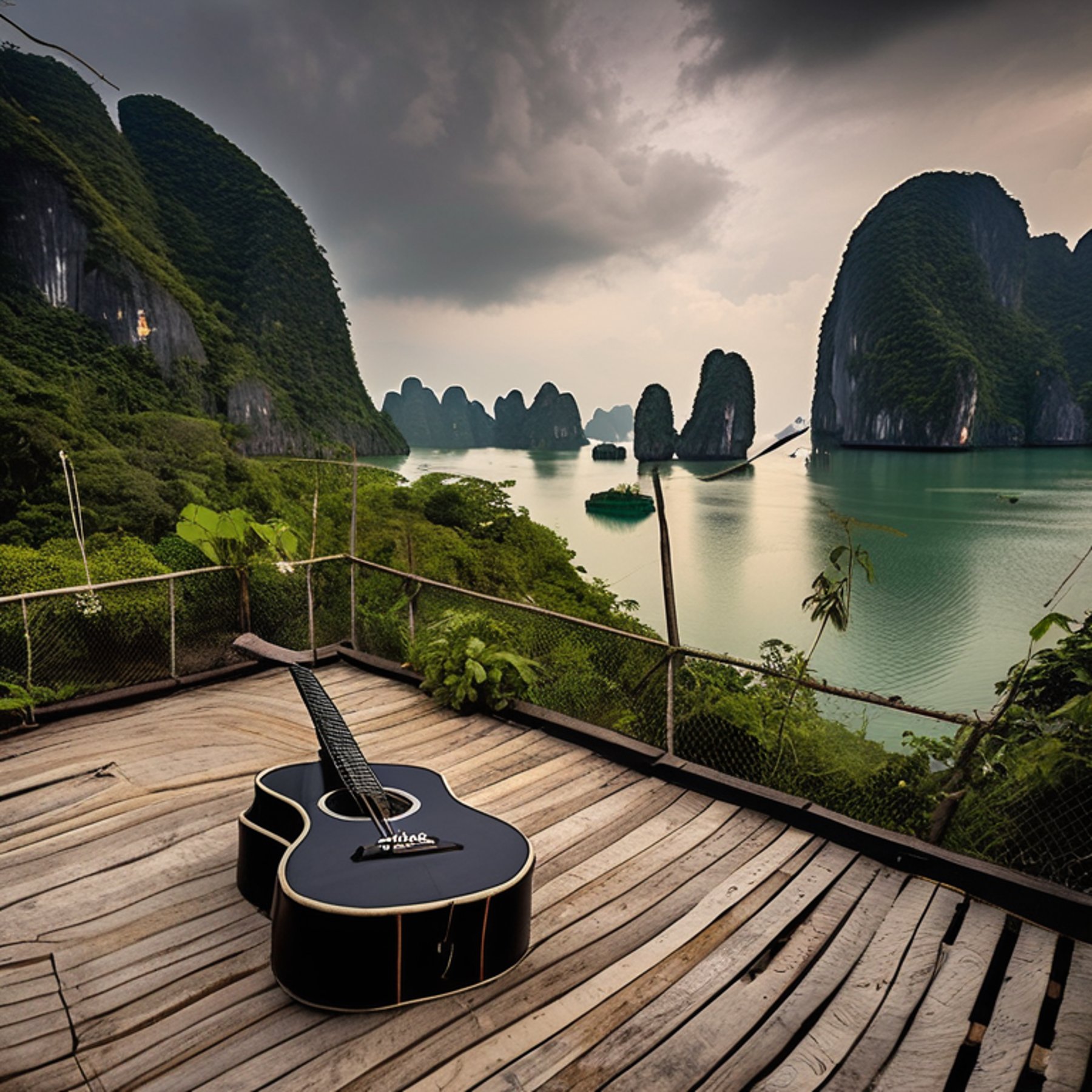 A black tent rests on a paved campsite beneath tall trees in stormy weather. A wooden guitar lies near a large rock, while misty mountains rise in the background.