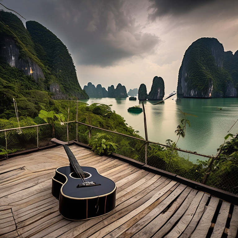 A black tent rests on a paved campsite beneath tall trees in stormy weather. A wooden guitar lies near a large rock, while misty mountains rise in the background.