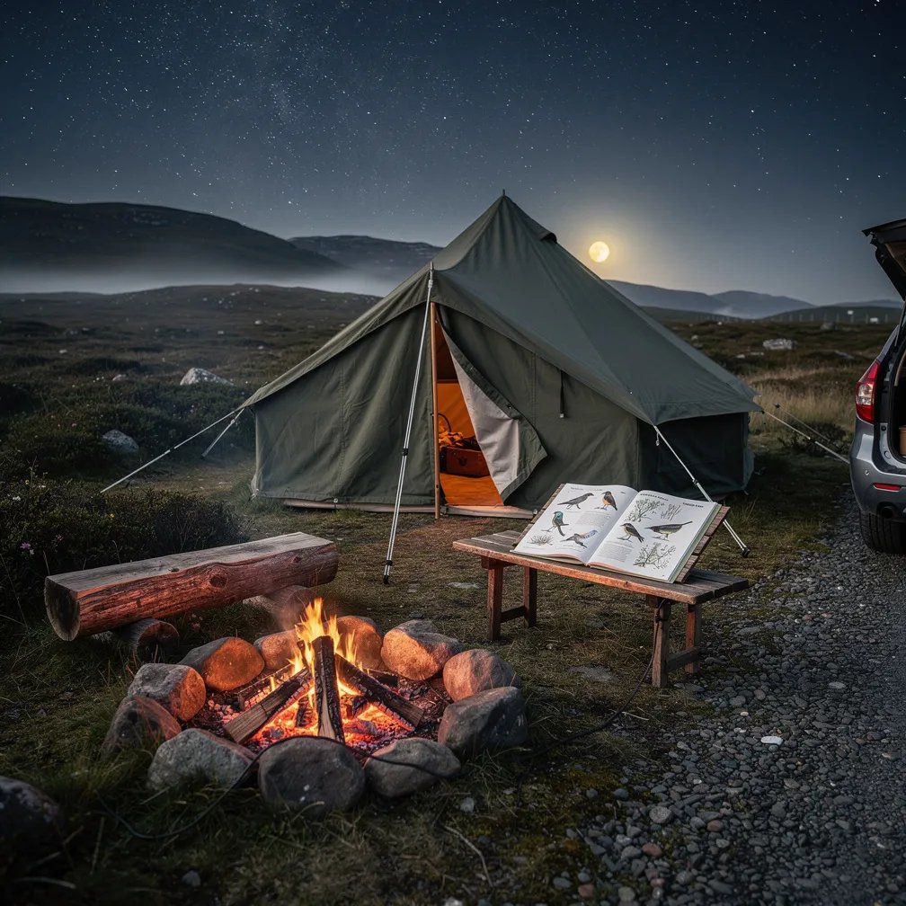A forest-green tent sits on rugged Highland heath under a sky full of stars and a low moon. A small campfire glows and flickers, warming a big split log and a simple wooden table with an open book. Dark hills rest quietly in the distance, and the night feels calm and wild.
