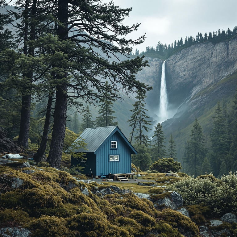 A cozy blue-gray cabin sits in the open Idaho plains, surrounded by thick bushes and mossy trees. Nearby, a tent rests under a cloudy sky, while a waterfall tumbles down a distant cliff. Birds nest in a tree, adding a peaceful touch to the quiet camp.