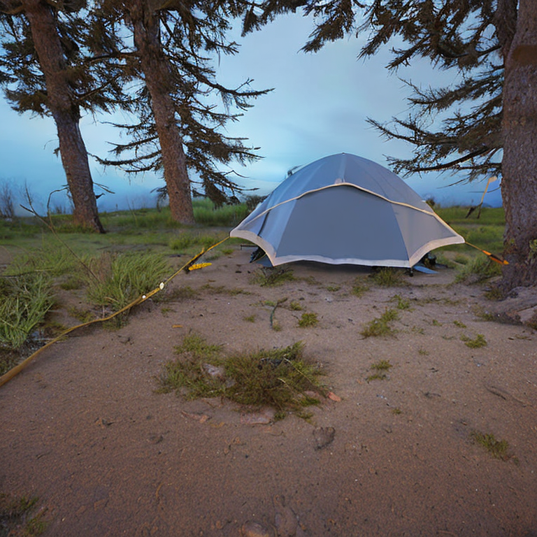 A gray and blue tent rests beside a glowing campfire near a quiet hot spring. A hammock hangs between the trees, while a dirt path leads through the cloudy dusk. Nearby, a small parking spot blends into the peaceful, earthy campsite.