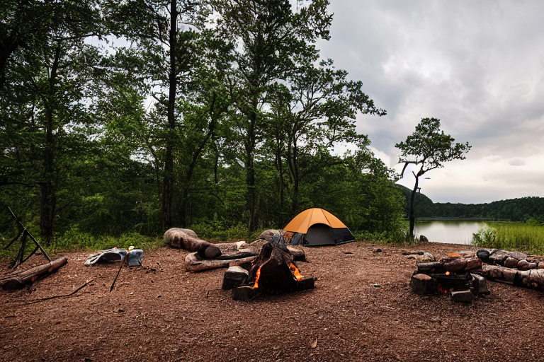 A black tent rests beside a warm campfire under a stormy night sky. A clear stream winds through the rocky campsite, surrounded by boulders and forest.