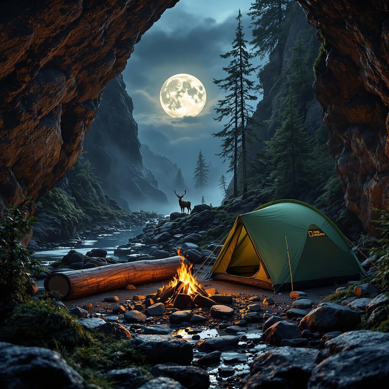 A green tent rests in a rocky forest gorge beneath a bright full moon. A warm campfire glows beside mossy trees, while a deer stands quietly in the distance. Lightning flashes across the stormy sky above the peaceful campsite.
