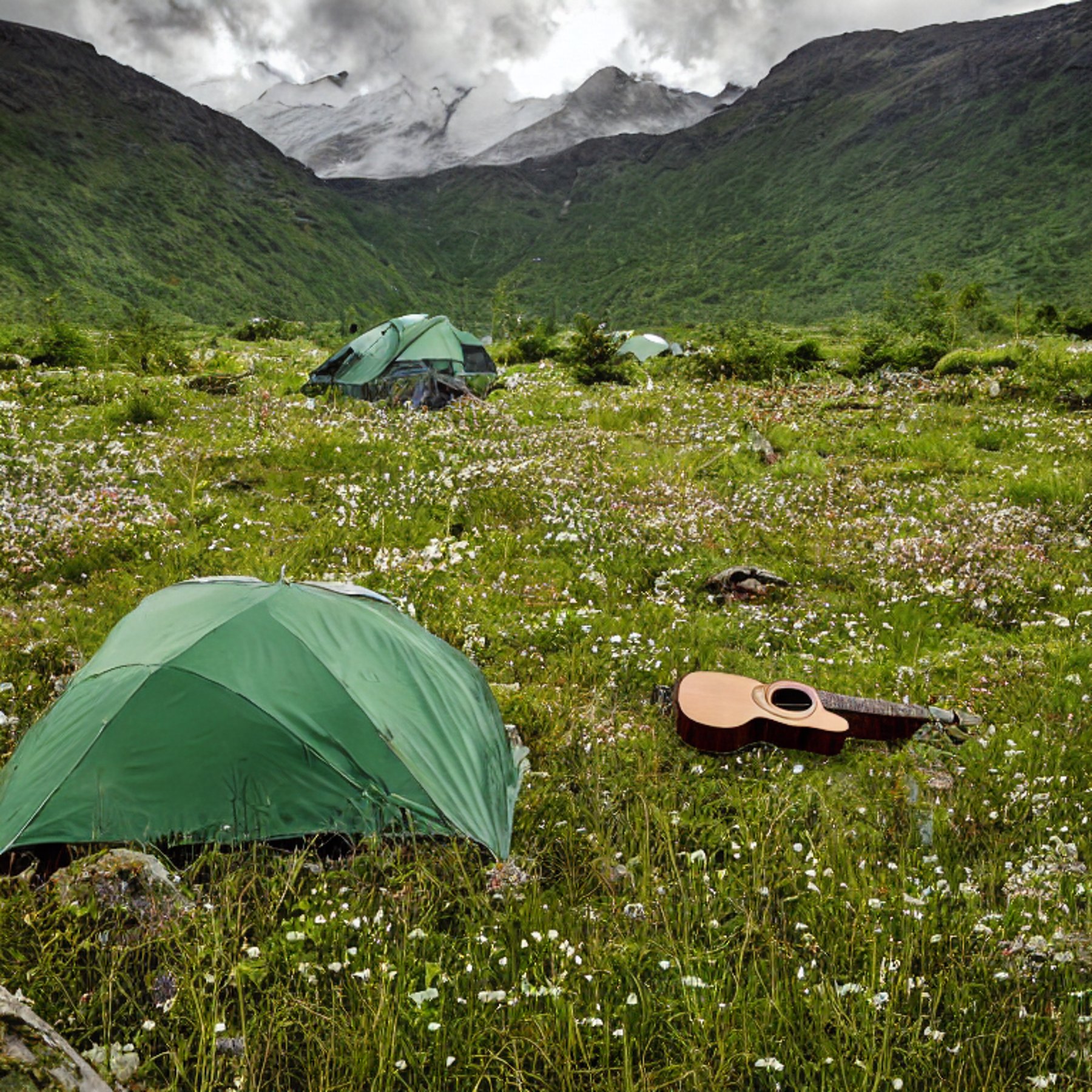 A forest-green tent rests on a dirt campsite in a lush valley filled with wildflowers and tall grass. A wooden guitar lies nearby, while a large rock adds charm to the rainy forest scene.