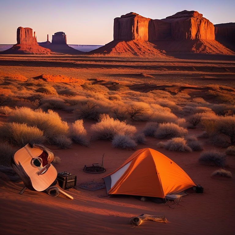 An orange tent rests on a rough dirt campsite beneath the snowy cliffs of Monument Valley. A small campfire glows near the center, with a wooden guitar lying nearby. In the distance, a person’s flashlight shines through the golden evening air.