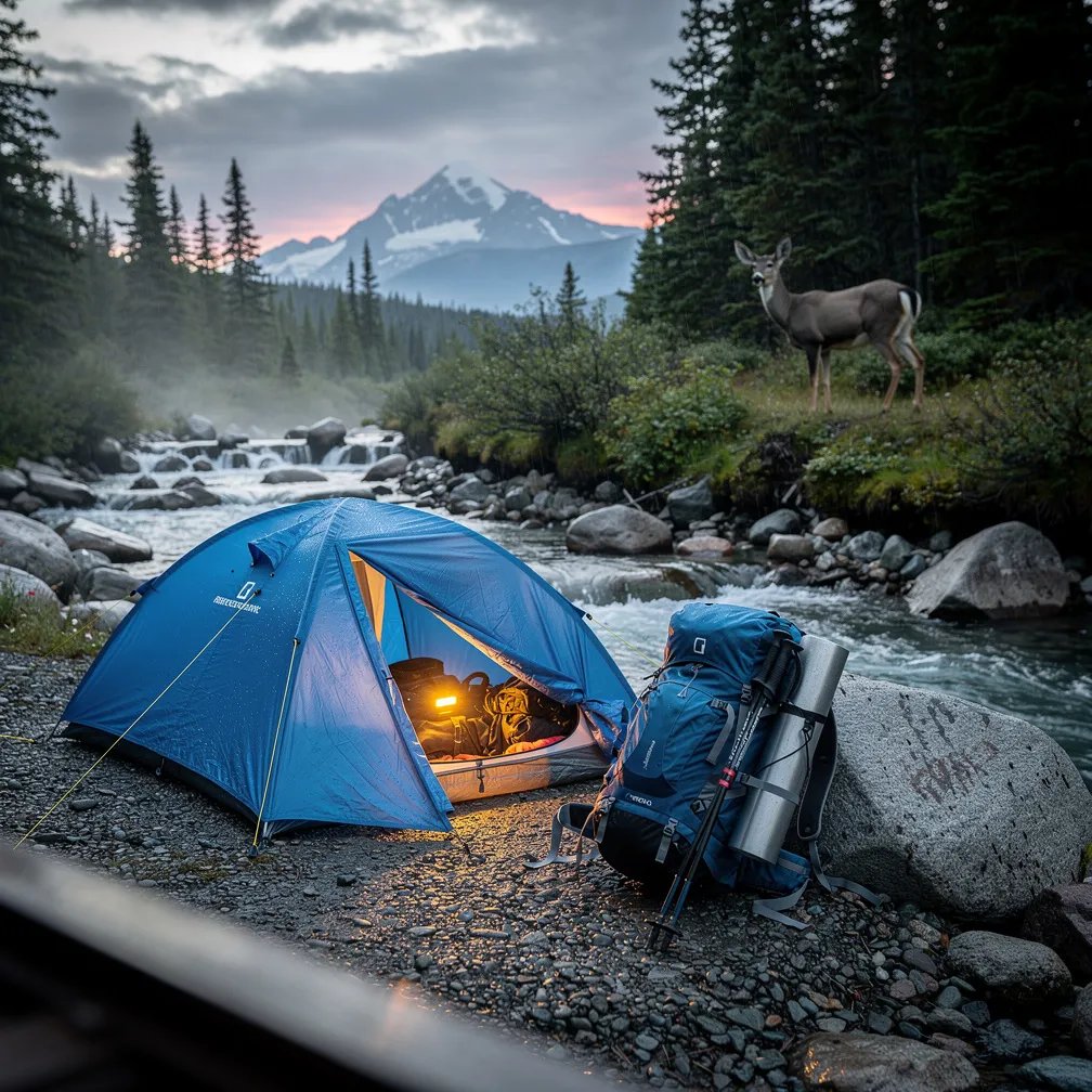 A bright blue tent sits on a gravel patch beside a rocky stream and a small, misty waterfall. Cool twilight hangs over the spruce trees, while a warm light glows from inside the tent. Far away, a snowy mountain peak fades into the cloudy sky, and a mule deer watches quietly near the treeline.
